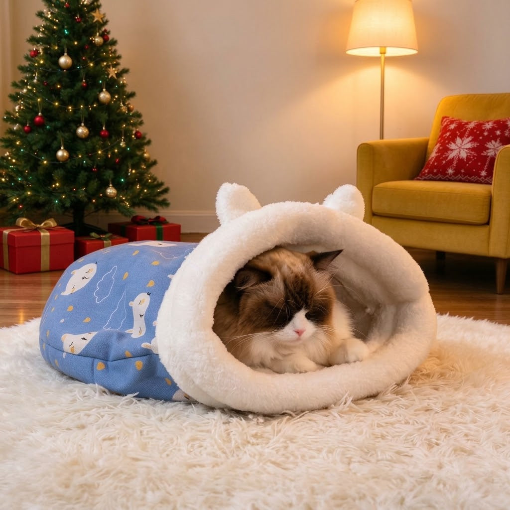 2-in-1 Thermal Burrow Cat Bed & Calming Fleece Sleeping Bag