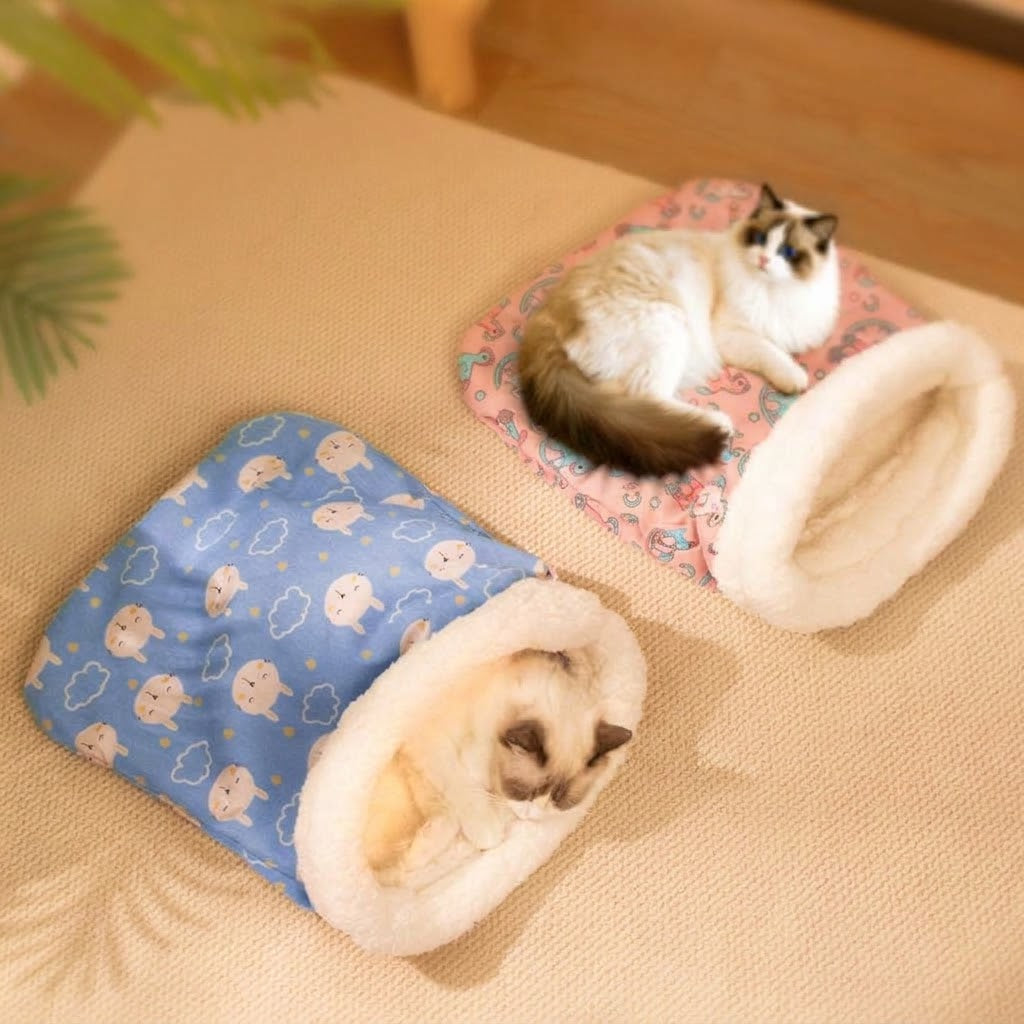 2-in-1 Thermal Burrow Cat Bed & Calming Fleece Sleeping Bag